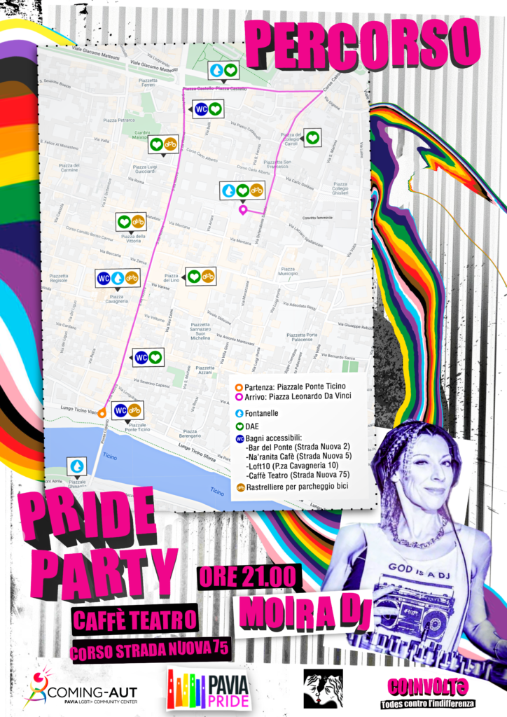 Locandina con mappa del percorso del Pavia Pride 2024 riportante tutte le informazioni di accessibilità